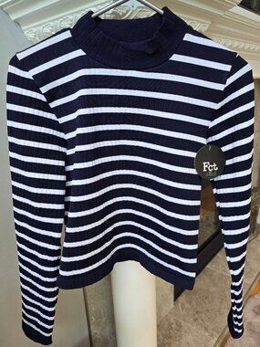 NWT Fct cowl neck sweater black white vertical striped large